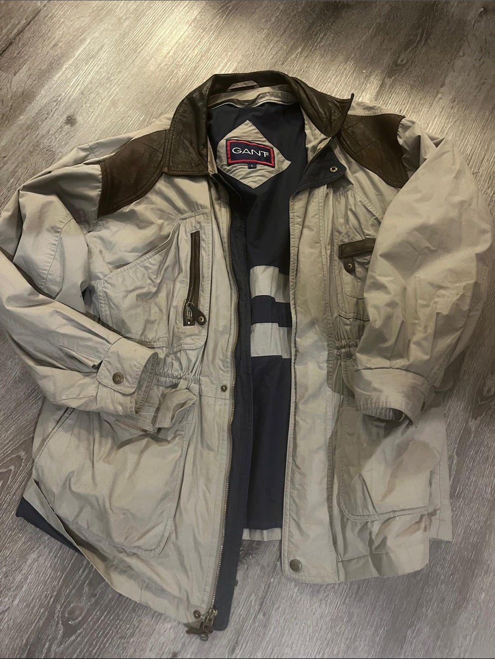 Gant Men's Light Gray Field Jacket with Dark Brown Shoulder Trim